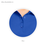 A blue color swatch for a custom embroidered women's polo shirt.