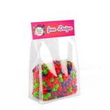 An example of custom printed header cards on a bag of candy.