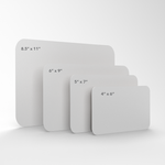 An illustration of the 4 size options for custom printed, rounded rectangle fridge magnets available from CdesignsPrint.