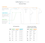 A size chart for women's custom embroidered polo shirts in white and black.